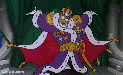 A Cartoon Character Is Dressed As A King And Has A Belt With The Letter R On It . GIF