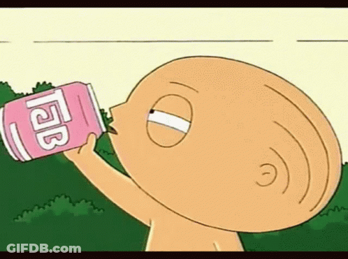A Cartoon Character Is Drinking From A Pink Can With The Letter L On It . GIF