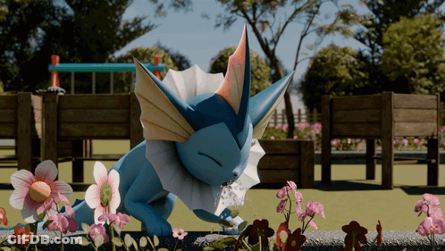 A Cartoon Character Is Drinking Water From A Flower In A Garden GIF
