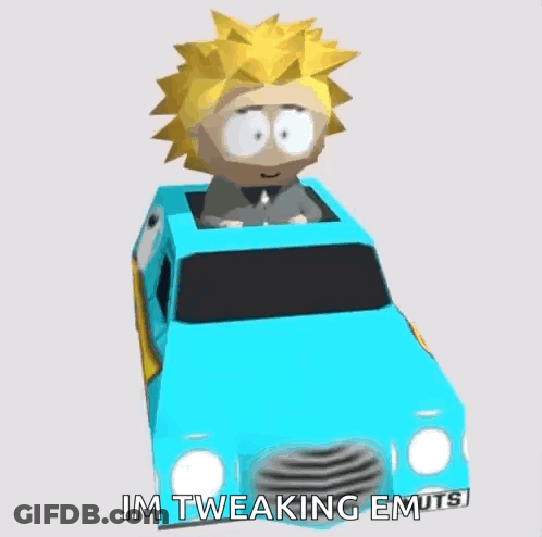 A Cartoon Character Is Driving A Blue Van With The Words Tweek Bros On The Side . GIF