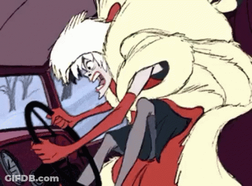 A Cartoon Character Is Driving A Car With A Fur Coat Around Her Neck GIF