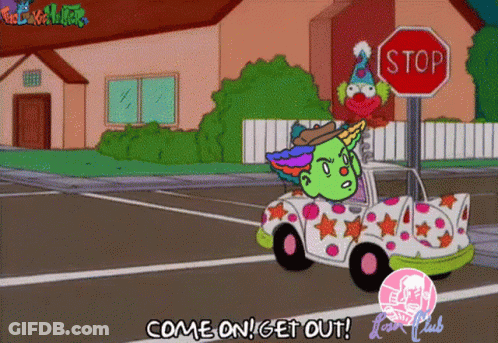 A Cartoon Character Is Driving A Car With A Stop Sign Behind It GIF