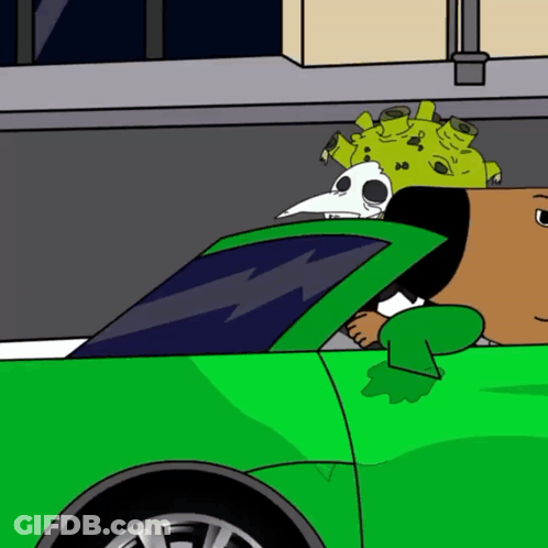 A Cartoon Character Is Driving A Green Car With A Skull In The Back Seat GIF