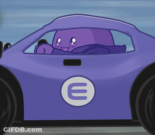 A Cartoon Character Is Driving A Purple Car With The Letter E On The Side GIF