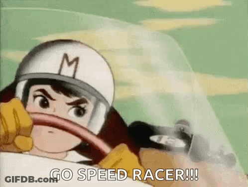 A Cartoon Character Is Driving A Race Car And Saying `` Go Speed Racer !!! '' GIF