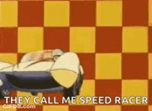 A Cartoon Character Is Driving A Race Car On A Checkered Background . GIF