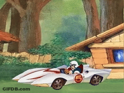 A Cartoon Character Is Driving A Race Car With The Number 6 On The Front GIF