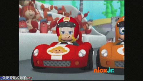 A Cartoon Character Is Driving A Red Race Car On A Race Track . GIF