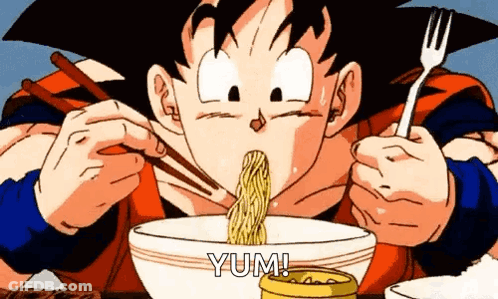 A Cartoon Character Is Eating A Bowl Of Noodles With Chopsticks And A Fork . GIF