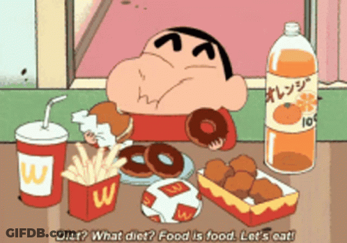 A Cartoon Character Is Eating A Hamburger And French Fries While A Bottle Of Orange Juice Sits On A Table GIF