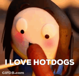 A Cartoon Character Is Eating A Hot Dog With The Words `` I Love Hotdogs '' Written On It . GIF