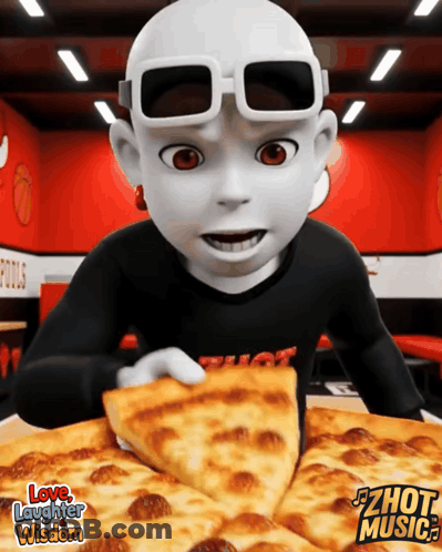 A Cartoon Character Is Eating A Slice Of Pizza With The Words Love Laughter Wisdom Behind Him GIF