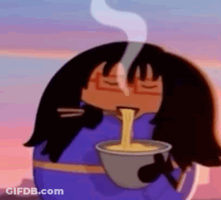 A Cartoon Character Is Eating Noodles With Chopsticks From A Bowl . GIF