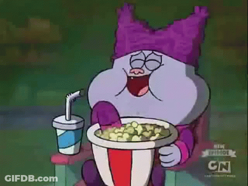 A Cartoon Character Is Eating Popcorn And Drinking A Soda GIF