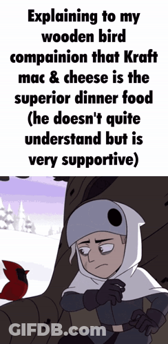 A Cartoon Character Is Explaining To His Wooden Bird Companion That Kraft Mac & Cheese Is The Superior Dinner Food GIF