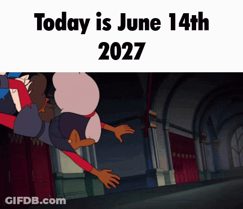 A Cartoon Character Is Falling In The Air With The Date June 14Th 2027 GIF