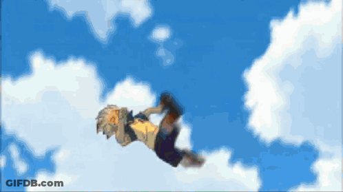 A Cartoon Character Is Falling Through The Air With A Blue Sky In The Background GIF