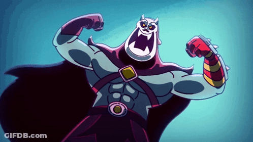 A Cartoon Character Is Flexing His Muscles And Has A Cape On GIF
