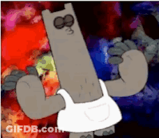 A Cartoon Character Is Flexing His Muscles In Front Of A Fire Background GIF