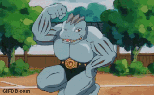 A Cartoon Character Is Flexing His Muscles While Wearing A Belt With The Letter G On It GIF
