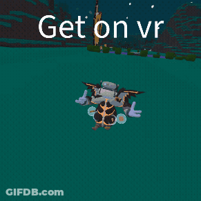 A Cartoon Character Is Floating In The Water With The Words " Get On Vr " Written Above It GIF