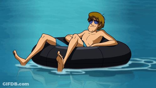 A Cartoon Character Is Floating On A Black Inner Tube In A Pool GIF