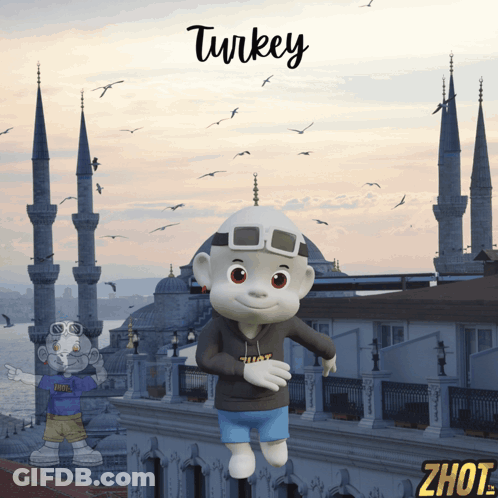 A Cartoon Character Is Flying In Front Of A Turkey Background GIF