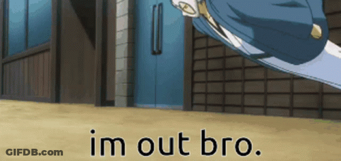 A Cartoon Character Is Flying In The Air With The Words I 'M Out Bro Written Below Him GIF