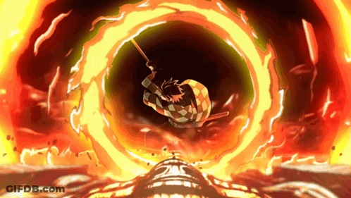 A Cartoon Character Is Flying Through A Circle Of Flames GIF