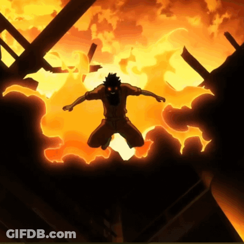 A Cartoon Character Is Flying Through A Fire GIF