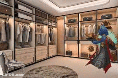 A Cartoon Character Is Flying Through A Walk In Closet Filled With Lots Of Clothes . GIF