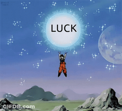 A Cartoon Character Is Flying Through The Air Holding A Sphere That Says Luck GIF
