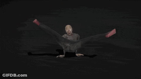 A Cartoon Character Is Flying Through The Air In A Dark Room While Wearing Flippers . GIF