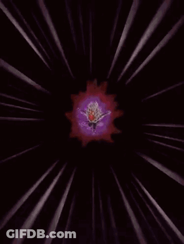 A Cartoon Character Is Flying Through The Air In A Purple And Red Lightning Bolt . GIF