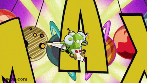 A Cartoon Character Is Flying Through The Air In Front Of A Large Letter A GIF