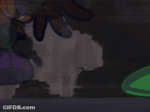 A Cartoon Character Is Flying Through The Air On A Yellow And Orange Object GIF