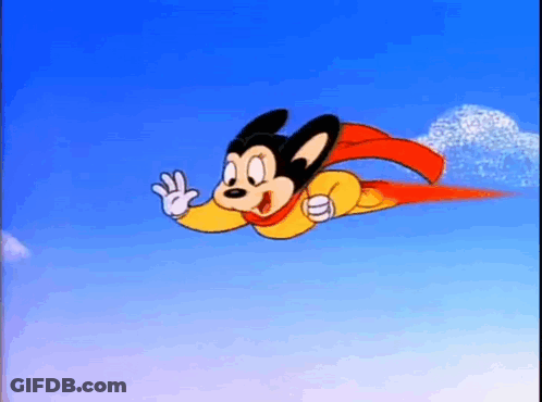 A Cartoon Character Is Flying Through The Air Wearing A Superhero Costume . GIF