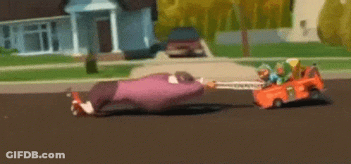 A Cartoon Character Is Flying Through The Air While Driving Down A Street . GIF