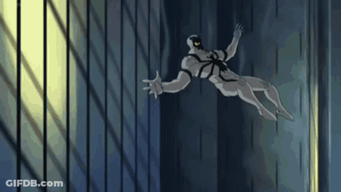 A Cartoon Character Is Flying Through The Air While Wearing A White Suit And Black Mask . GIF