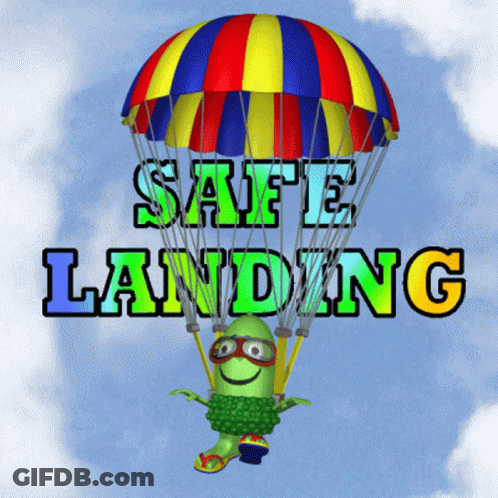 A Cartoon Character Is Flying Through The Air With A Colorful Parachute That Says Safe Landing GIF