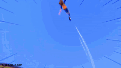 A Cartoon Character Is Flying Through The Air With A Fireball Coming Out Of His Chest GIF