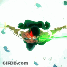 A Cartoon Character Is Flying Through The Air With A Green Sword In His Hand GIF