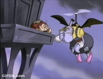 A Cartoon Character Is Flying Through The Air With A Helicopter Attached To It . GIF