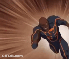 A Cartoon Character Is Flying Through The Air With A Light Behind Him . GIF