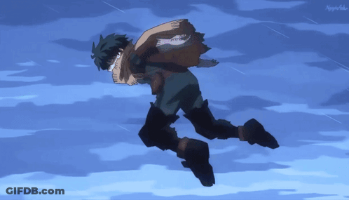 A Cartoon Character Is Flying Through The Air With A Scarf Around His Neck And The Word My Hero Academia On The Bottom GIF