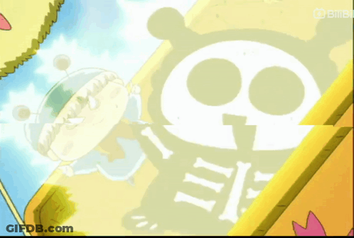 A Cartoon Character Is Flying Through The Air With A Skull And Crossbones Behind Him GIF