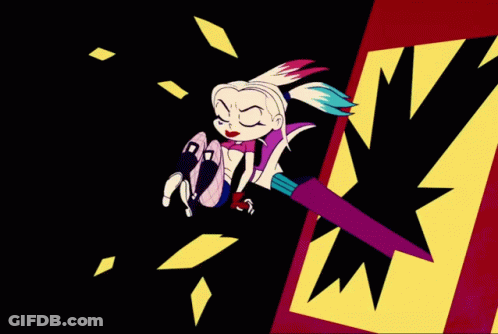 A Cartoon Character Is Flying Through The Air With A Sword In Her Hand GIF
