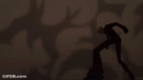 A Cartoon Character Is Flying Through The Air With A Sword In His Hand GIF