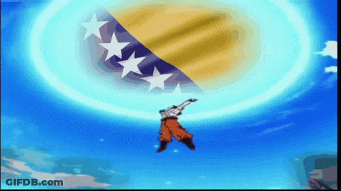A Cartoon Character Is Flying Through The Air With A Yellow And Blue Flag In The Background GIF