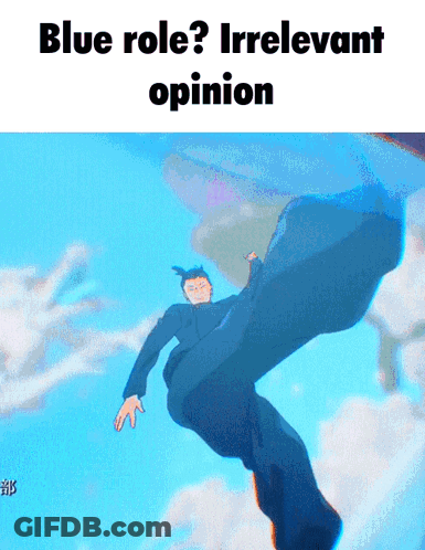 A Cartoon Character Is Flying Through The Air With The Words Blue Role Irrelevant Opinion Below Him GIF